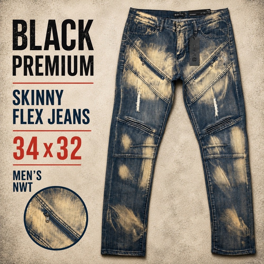 Black Premium Skinny Flex Jeans‎ Mens 34x32 Blue Acid Wash Moto Biker Zipper NWT